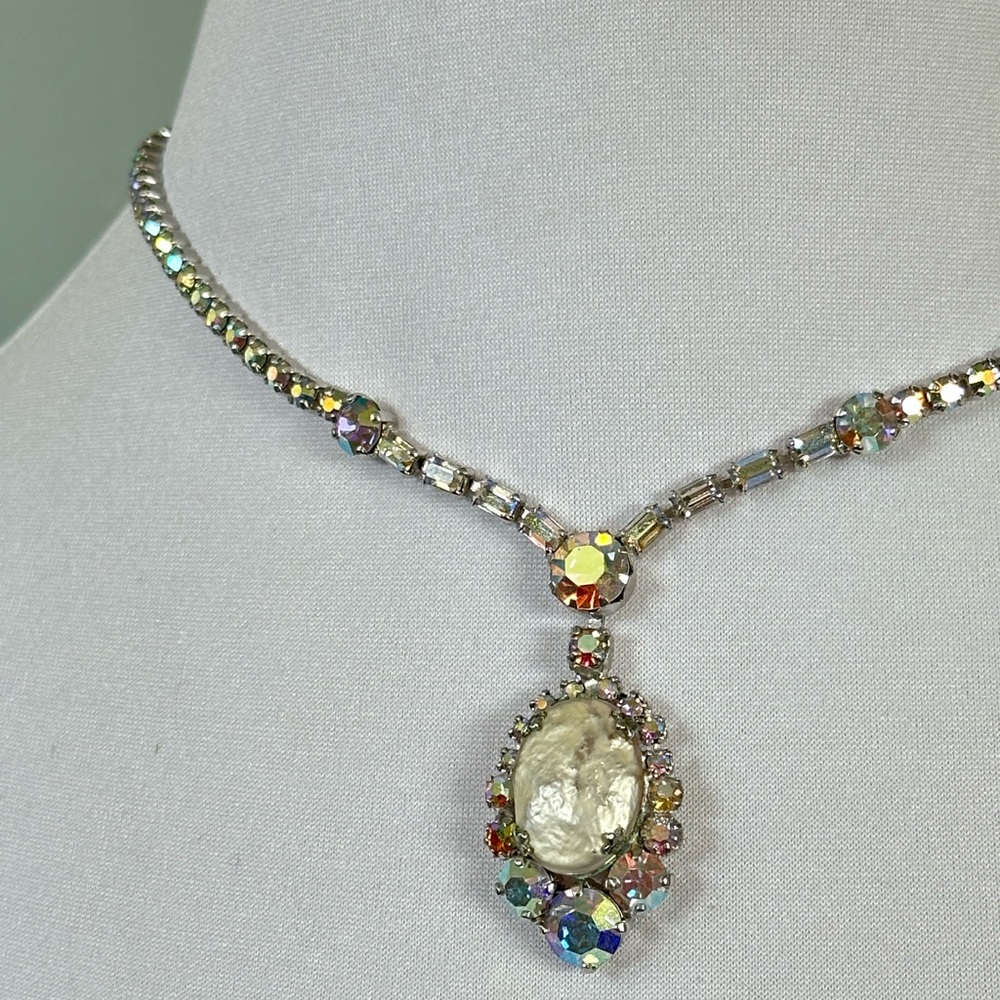 Dazzling Vintage Weiss AB Rhinestone Faux Pearl Drop Necklace Choker 50s 60s